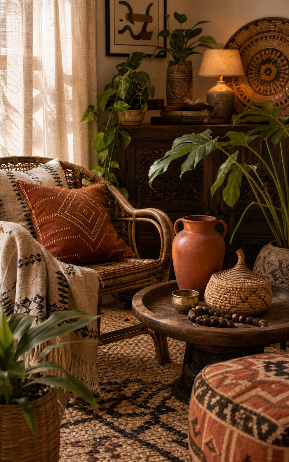 Warm layered room corner with plants and woven textures