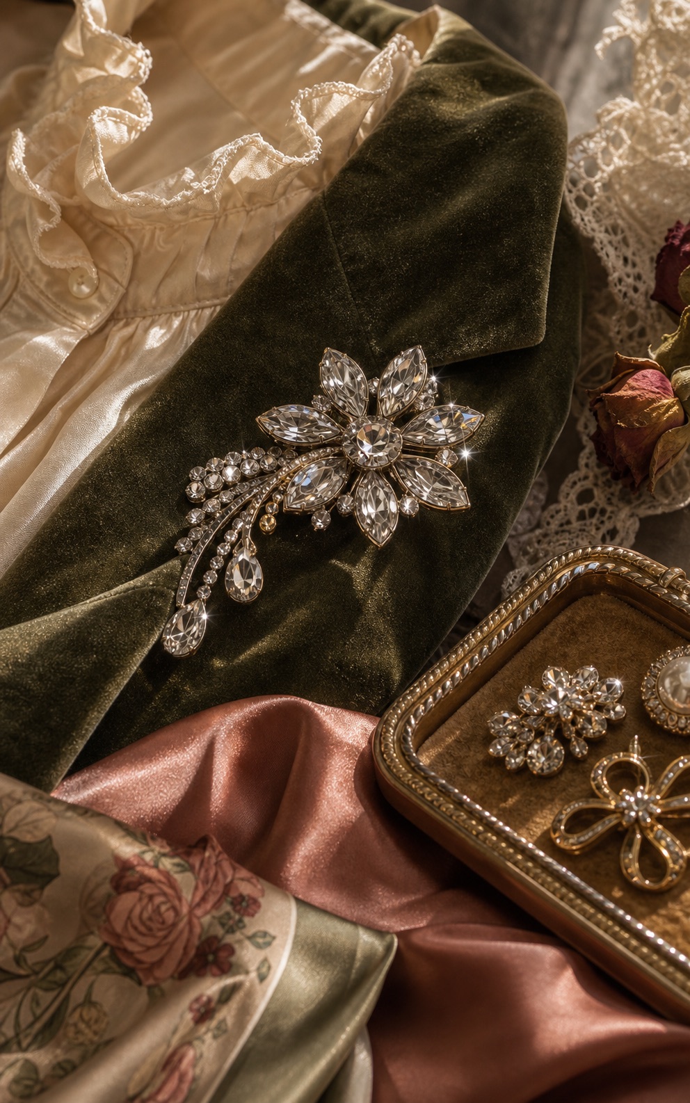 Crystal floral brooch on soft textile