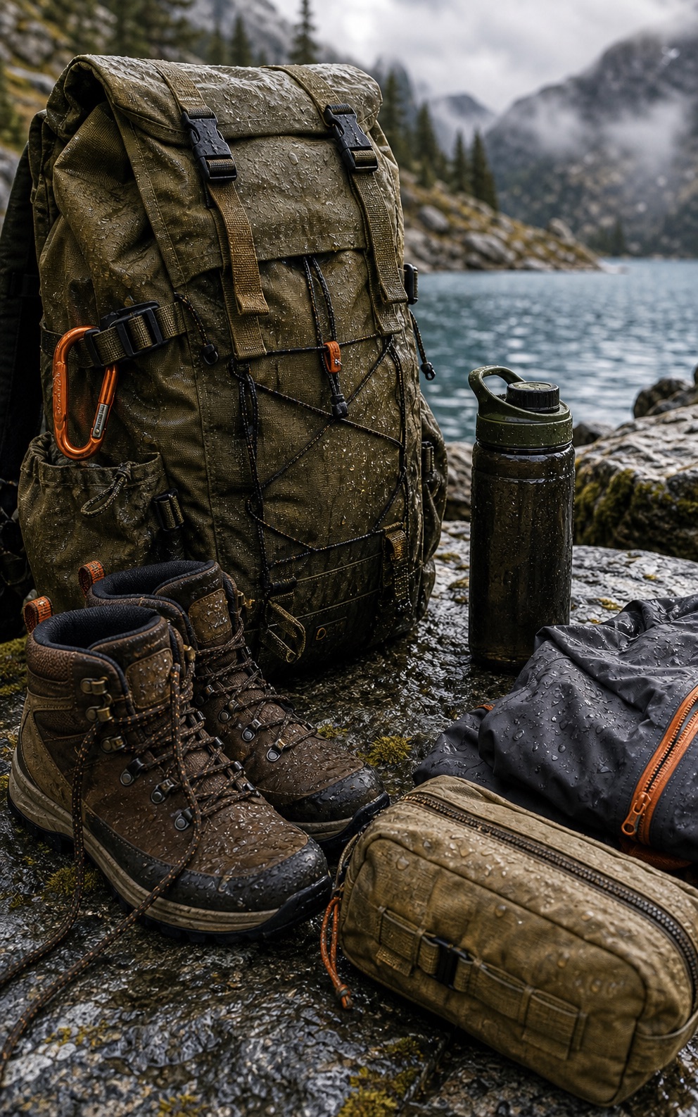 Mountain lake adventure gear and boots