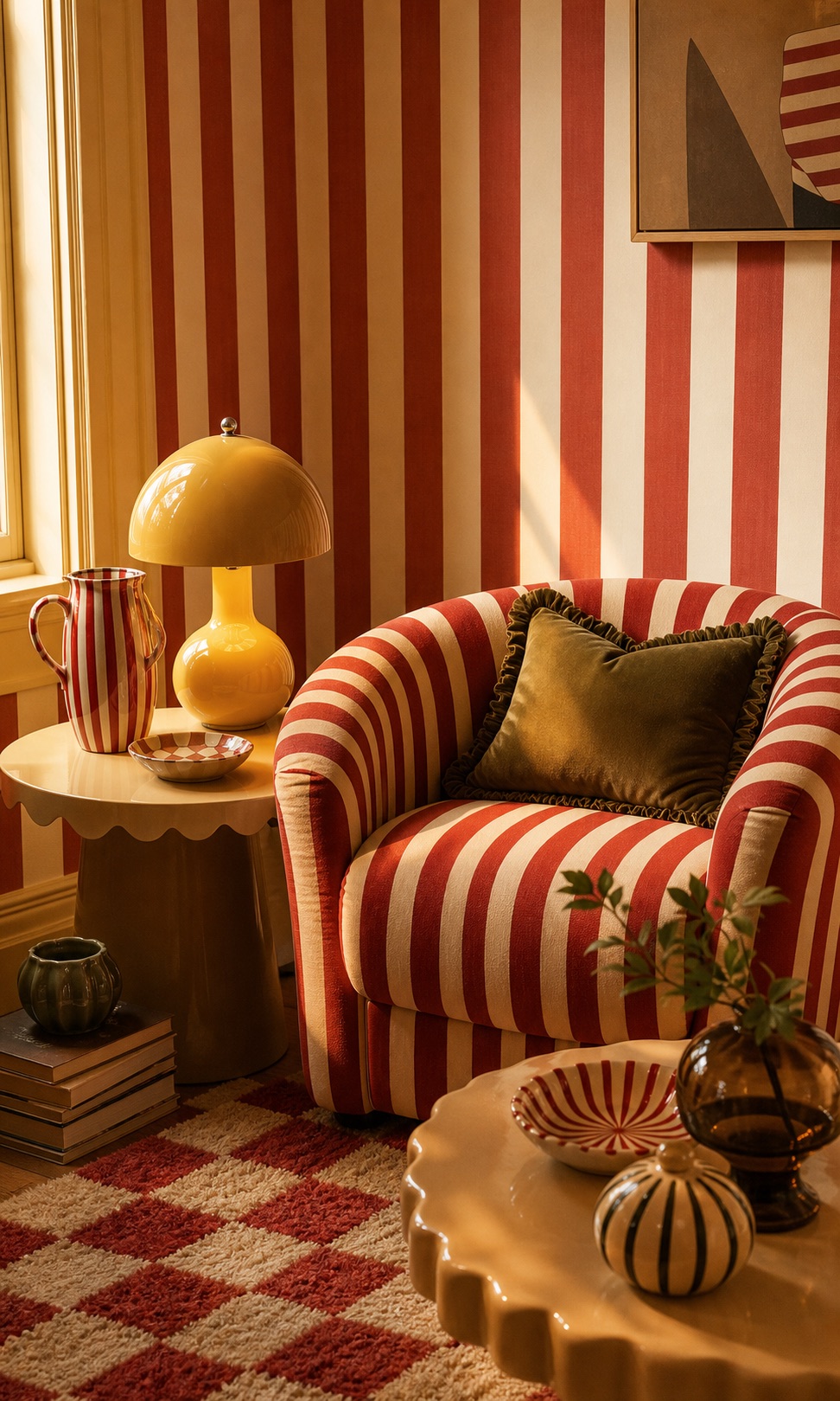 Playful striped room corner with lamp and curved chair