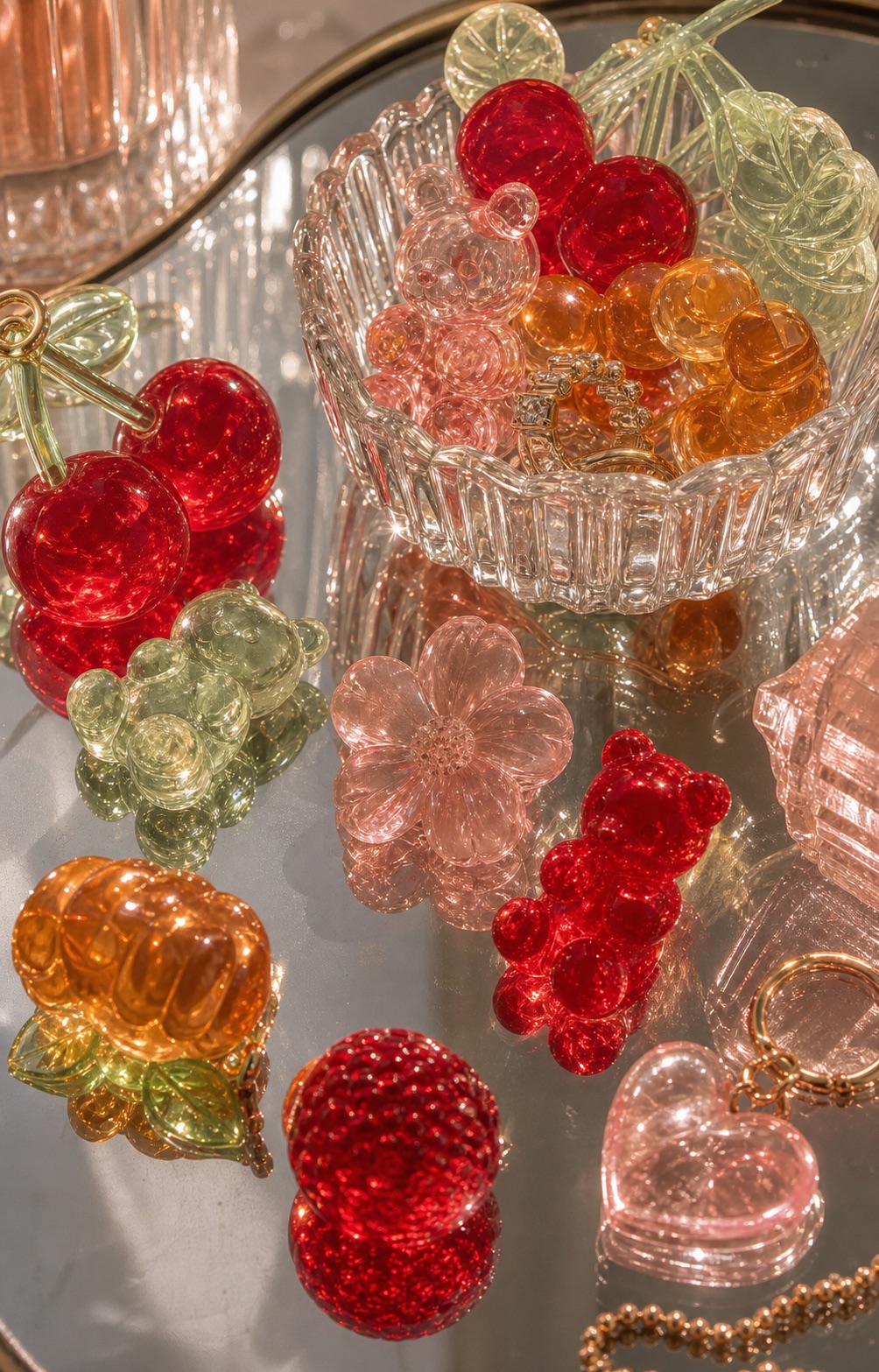 Translucent gummy objects on reflective fabric