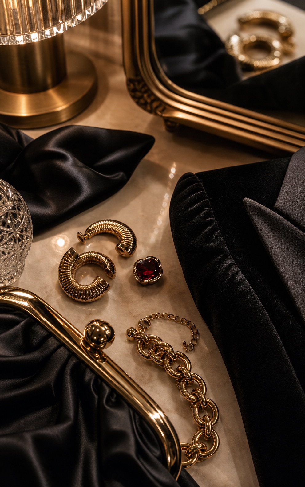Bold gold accessories with satin black glamour details