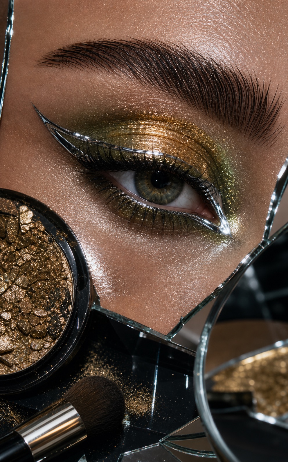 Gold asymmetric eye makeup detail