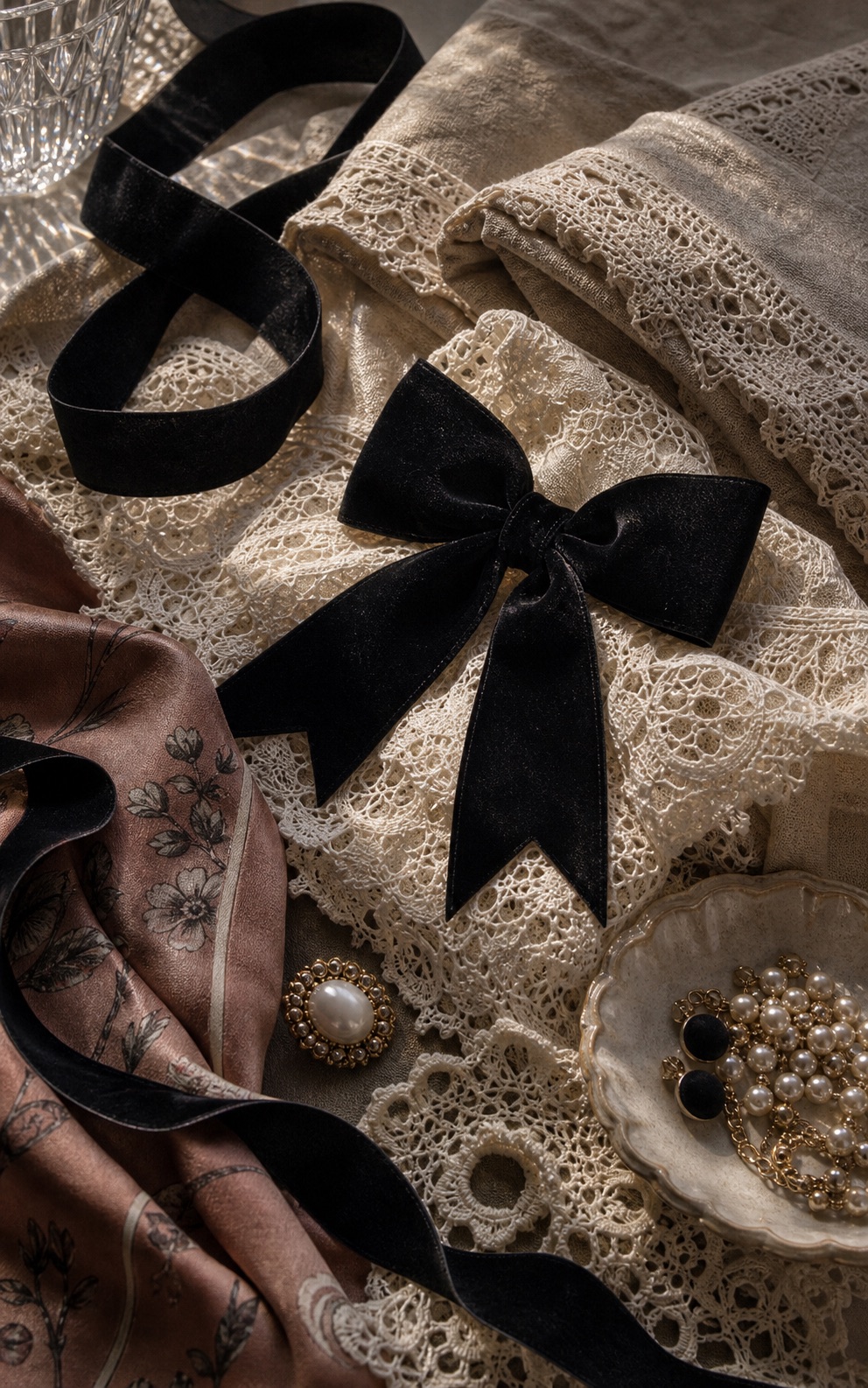 Black velvet bow with jeweled center on lace