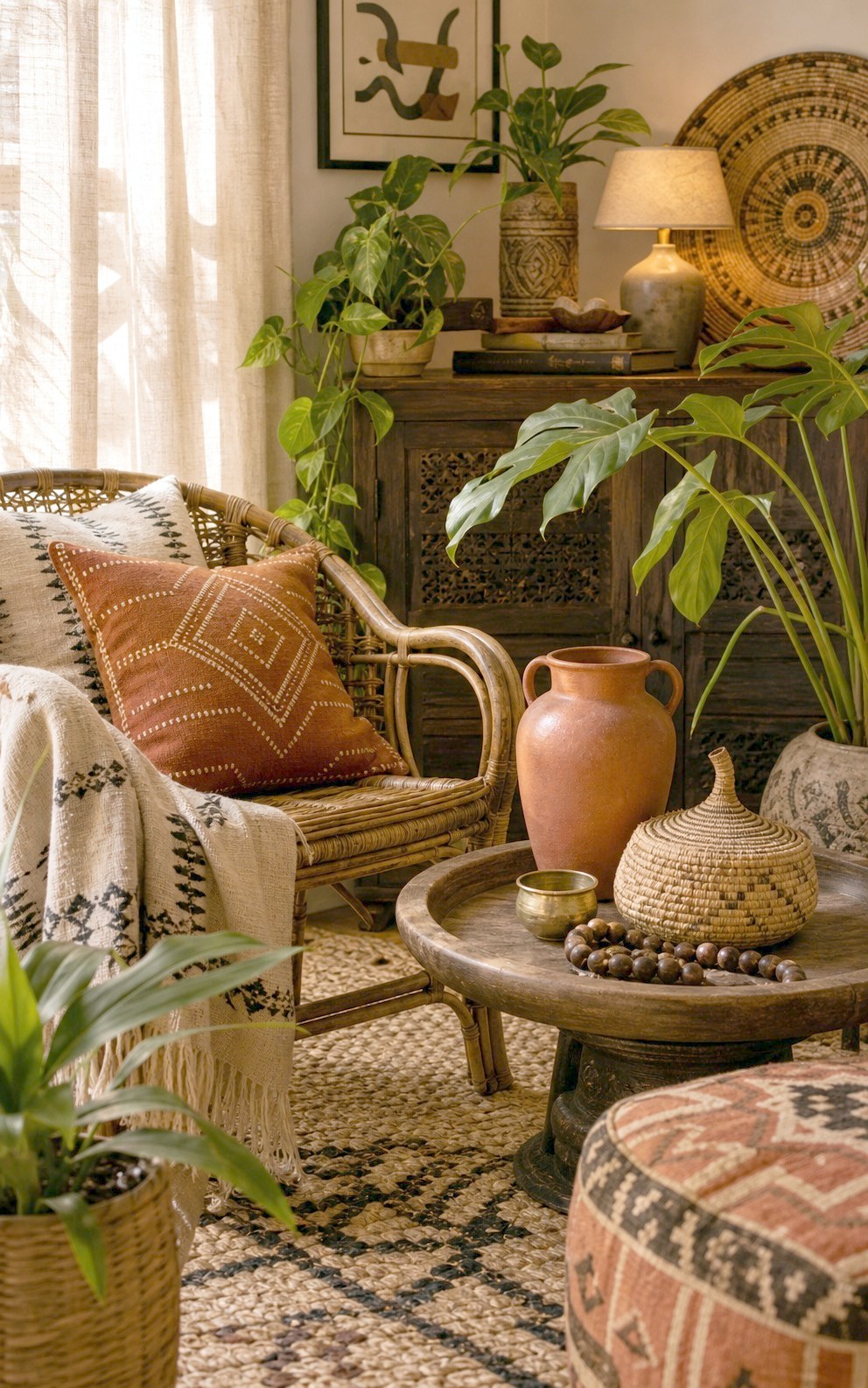 Warm layered room corner with plants and woven textures