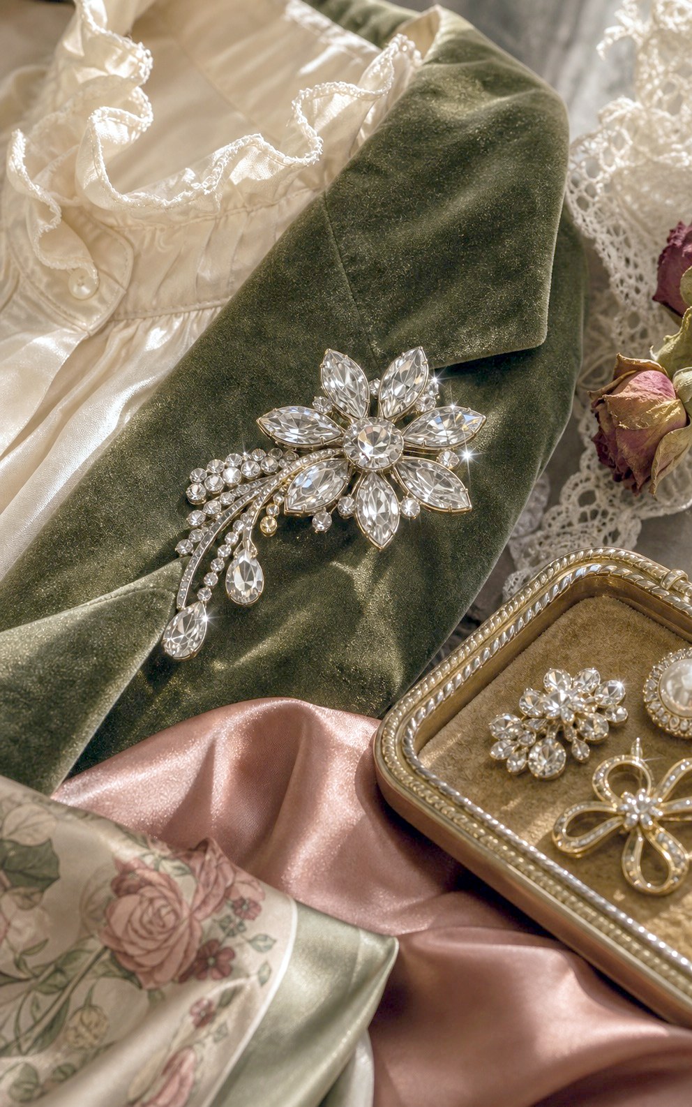 Crystal floral brooch on soft textile