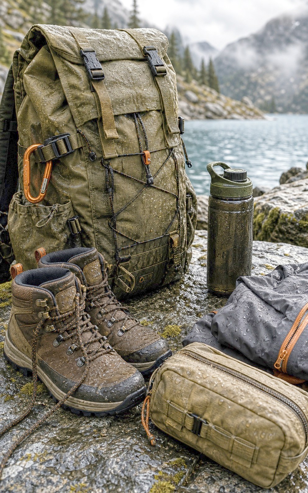 Mountain lake adventure gear and boots
