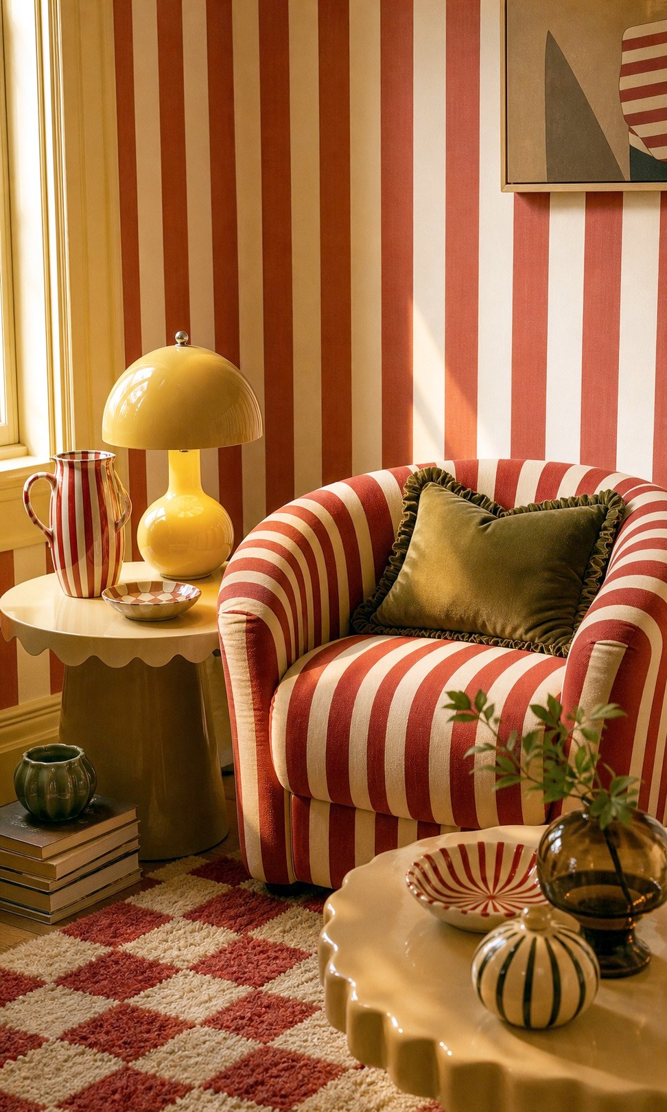 Playful striped room corner with lamp and curved chair