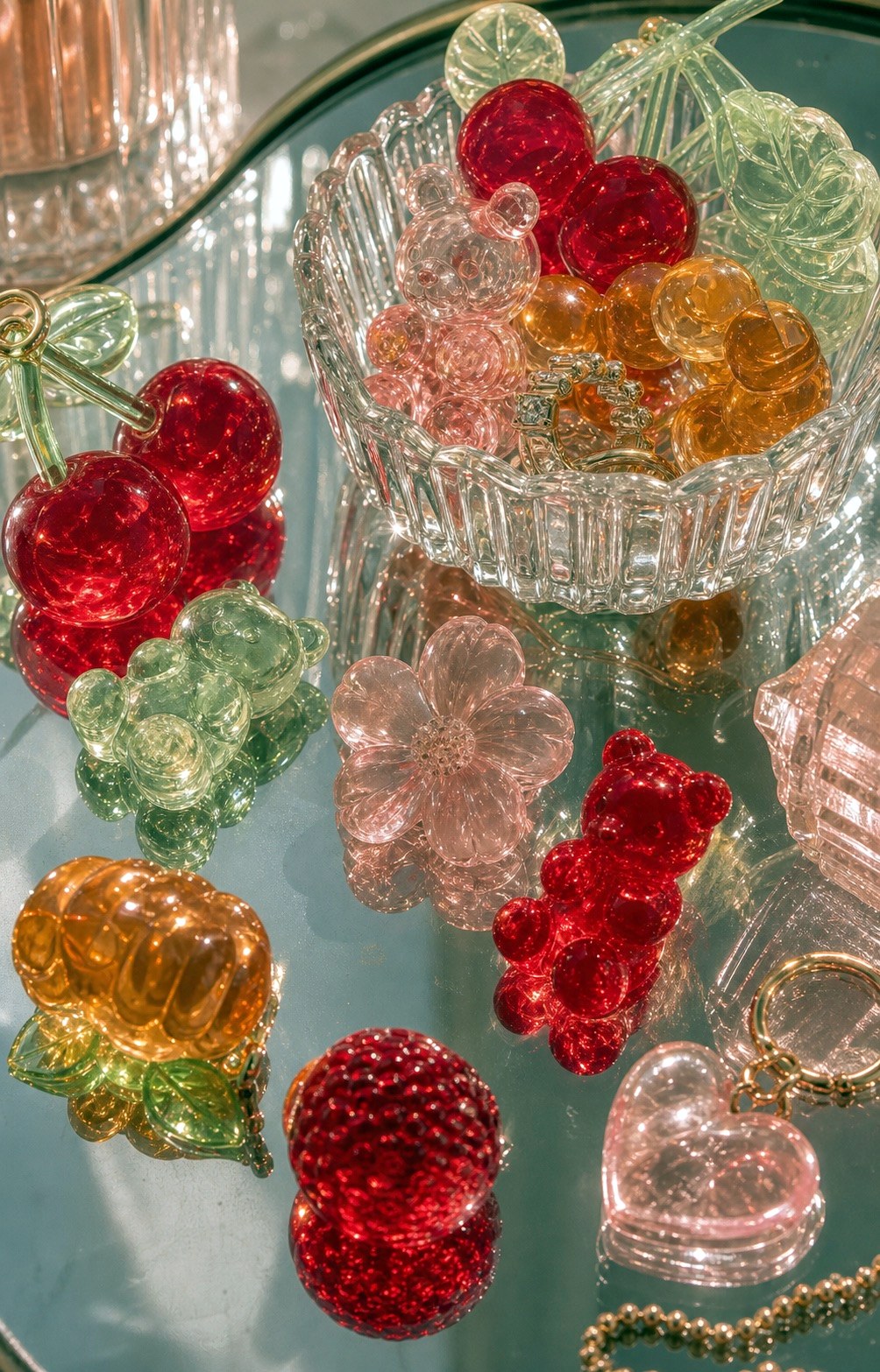 Translucent gummy objects on reflective fabric