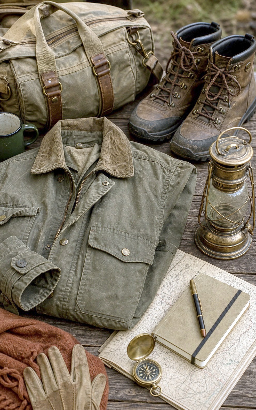Khaki field bag with lantern and patches