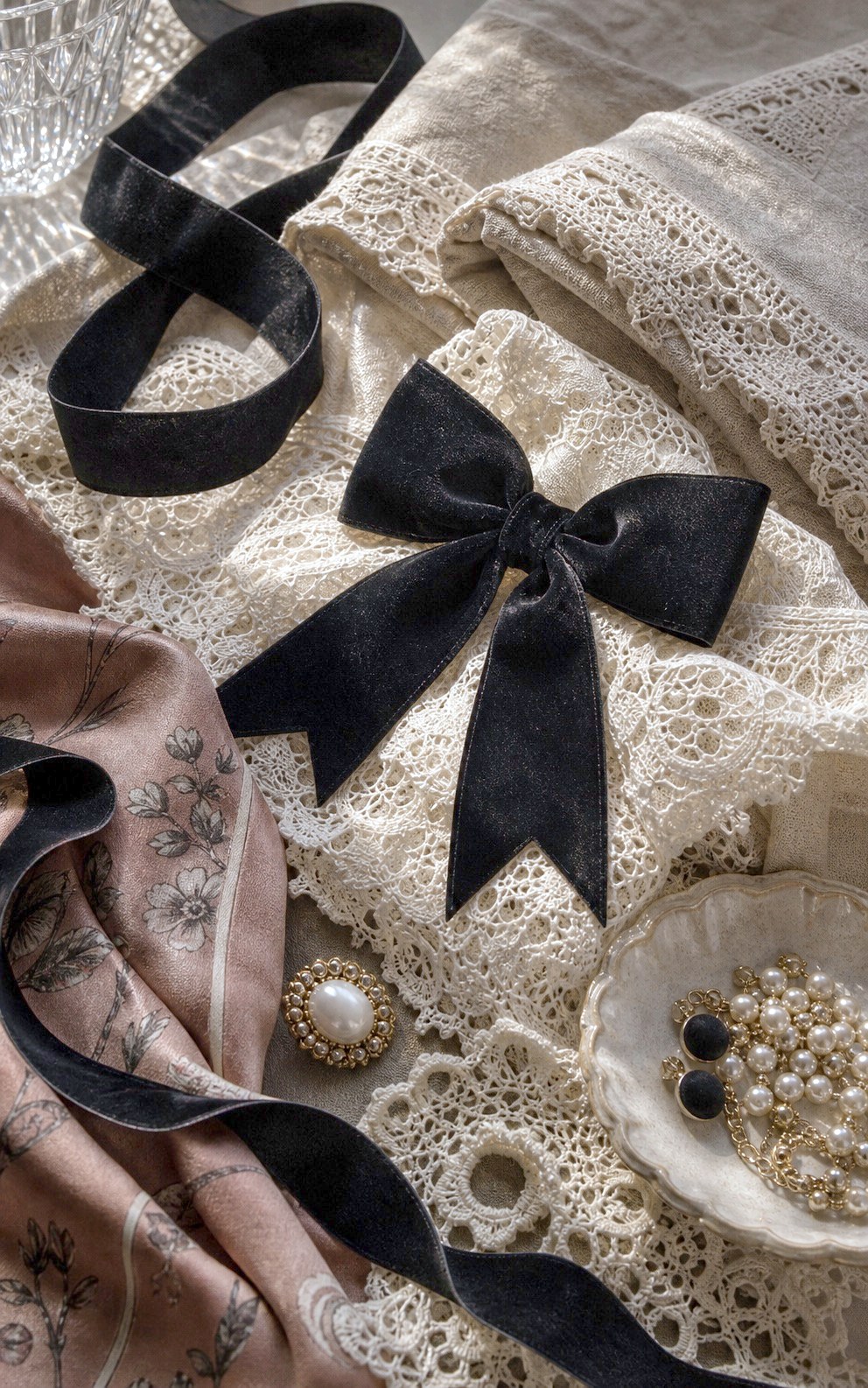 Black velvet bow with jeweled center on lace
