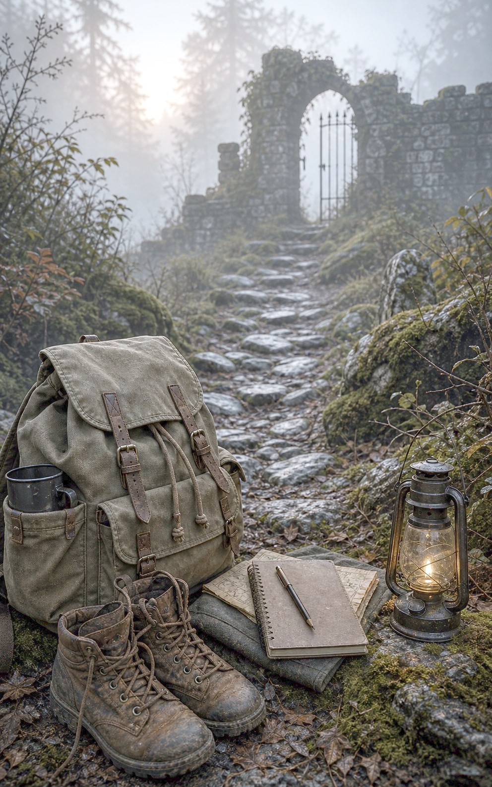 Misty castle landscape with lone traveler