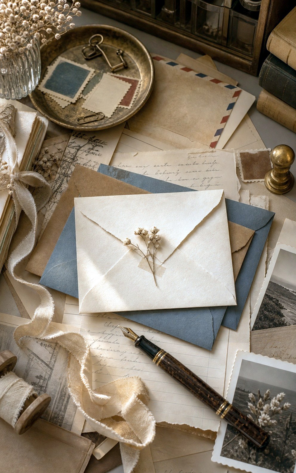 Handwritten letter with pen and spool