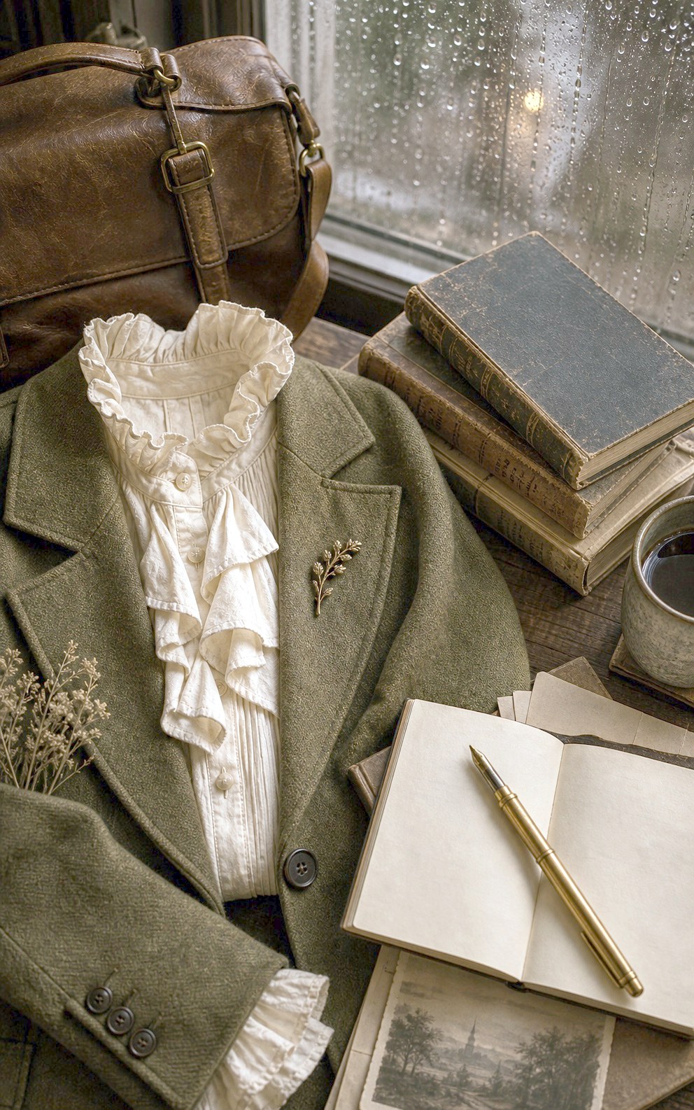 Poetic outfit with ruffled blouse and book