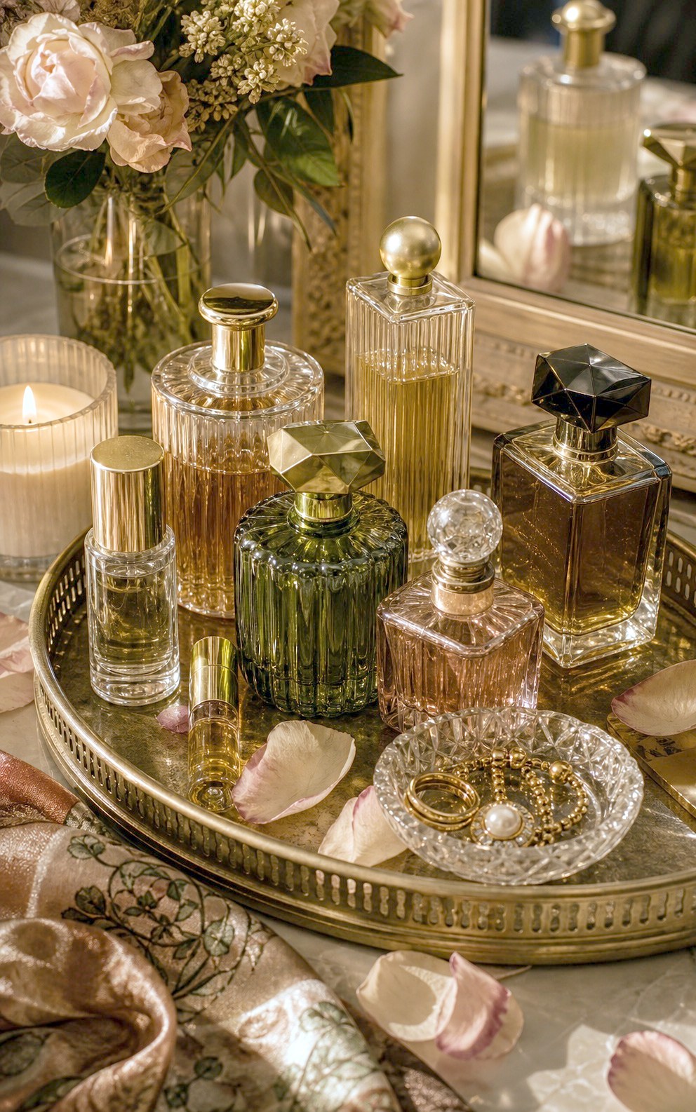 Perfume bottles on a tray