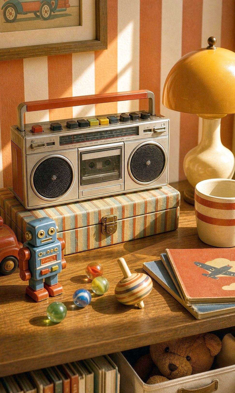 Retro shelf with nostalgic audio and toy-like objects