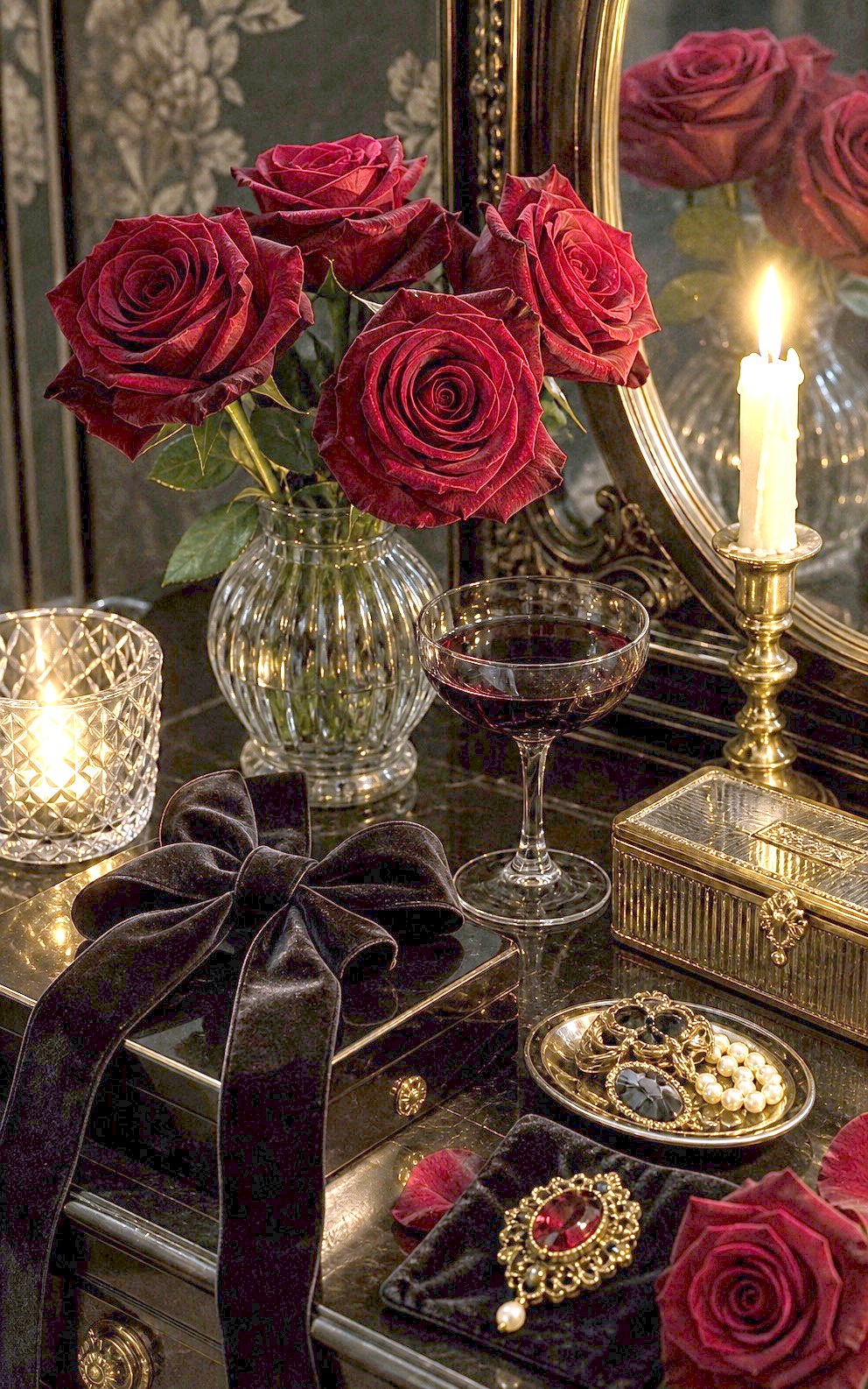 Dark vanity with roses and mirror