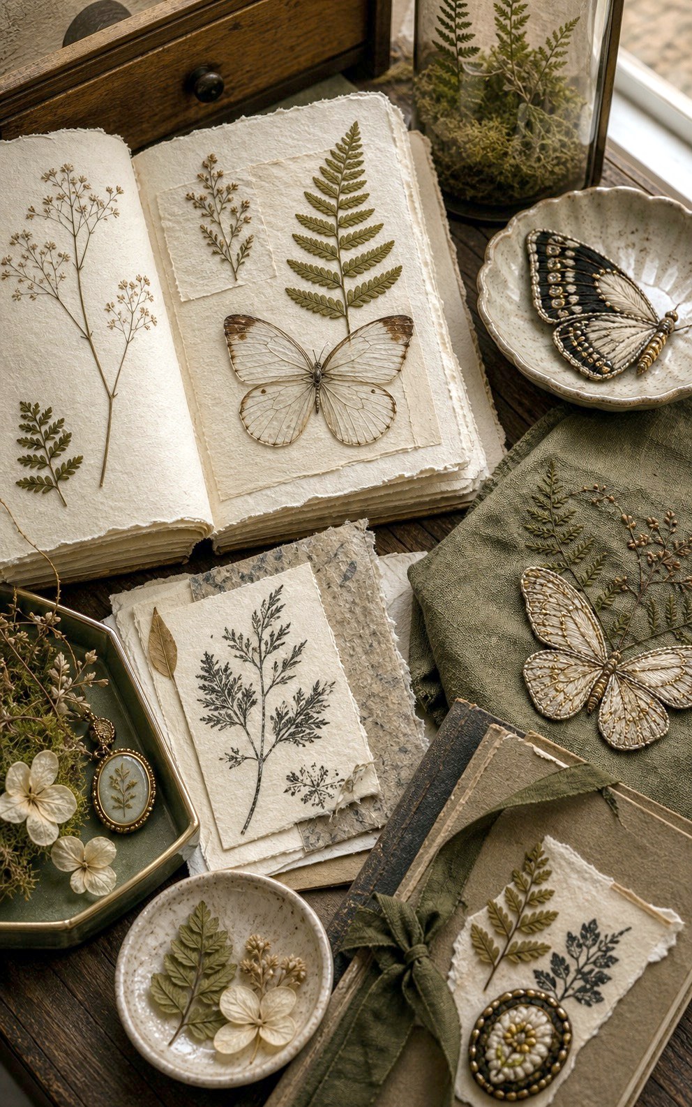 Botanical and butterfly motif on paper