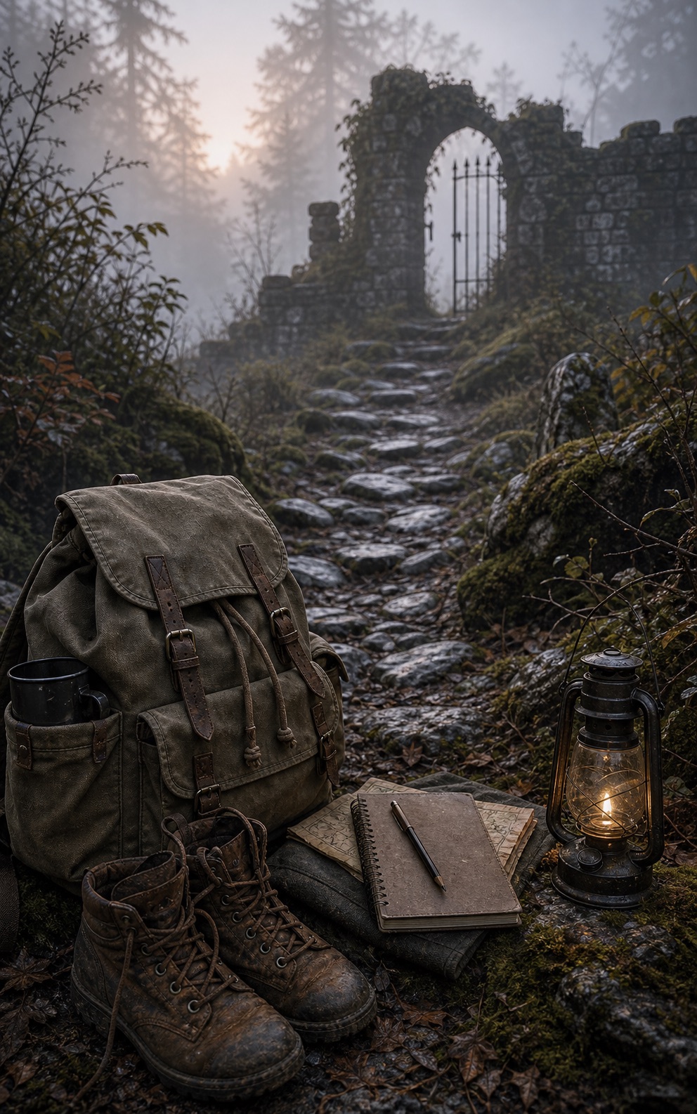 Misty castle landscape with lone traveler