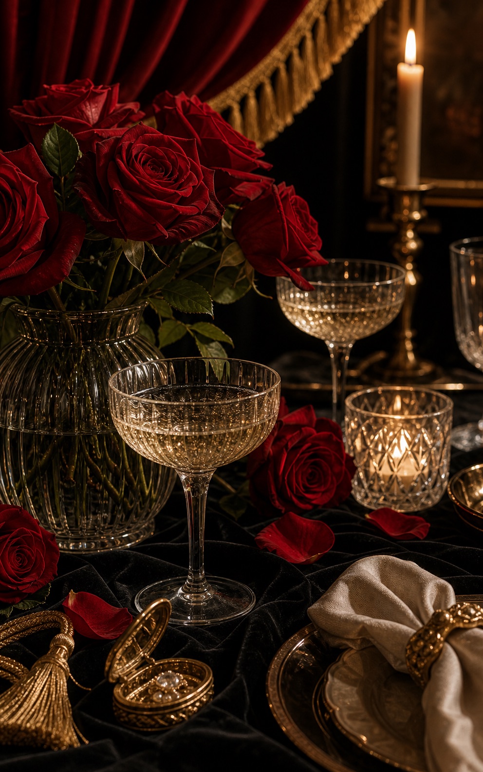 Candlelit opera-inspired table with roses