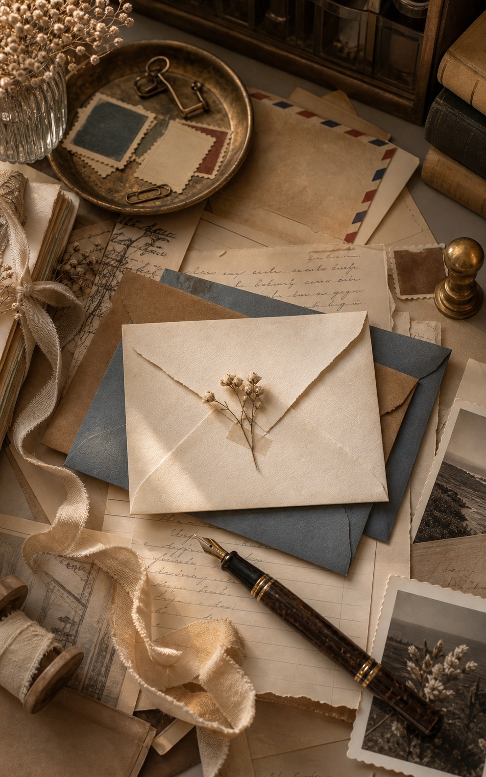 Handwritten letter with pen and spool