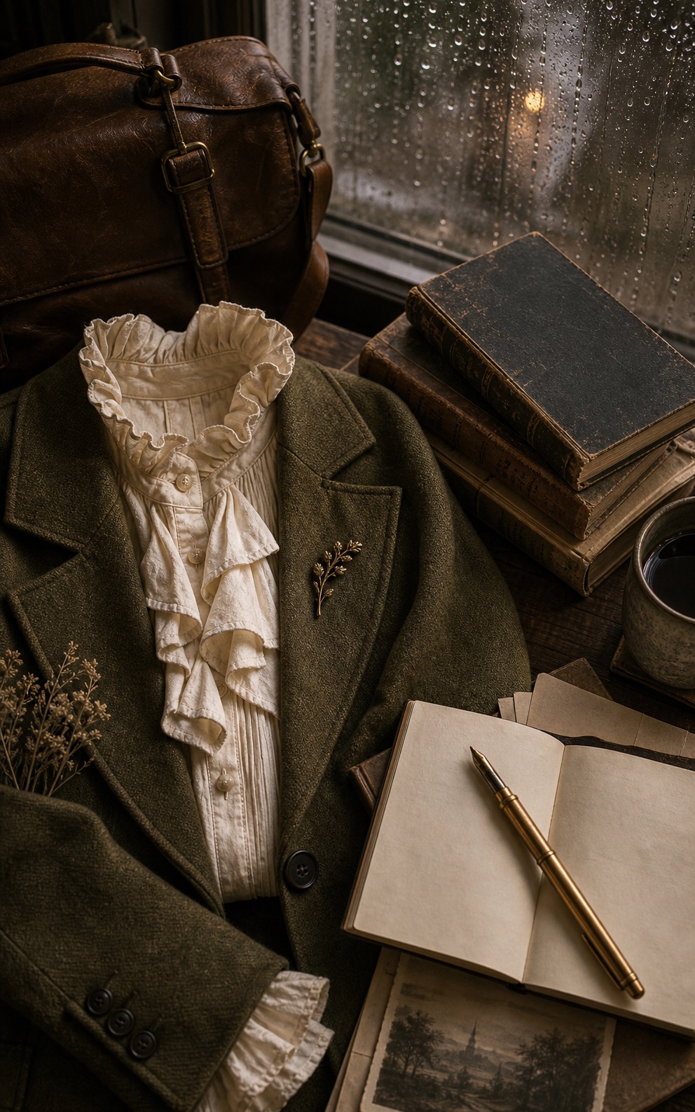 Poetic outfit with ruffled blouse and book