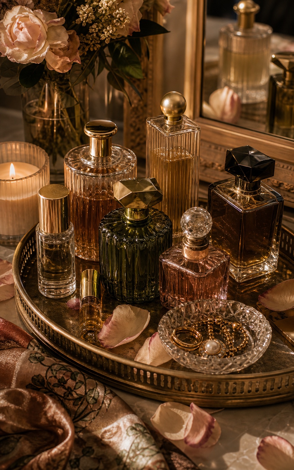 Perfume bottles on a tray