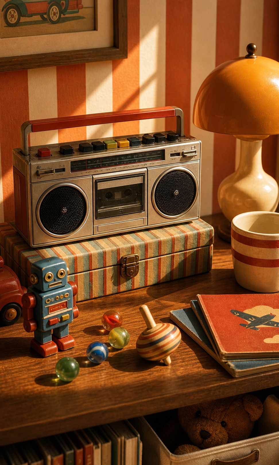 Retro shelf with nostalgic audio and toy-like objects