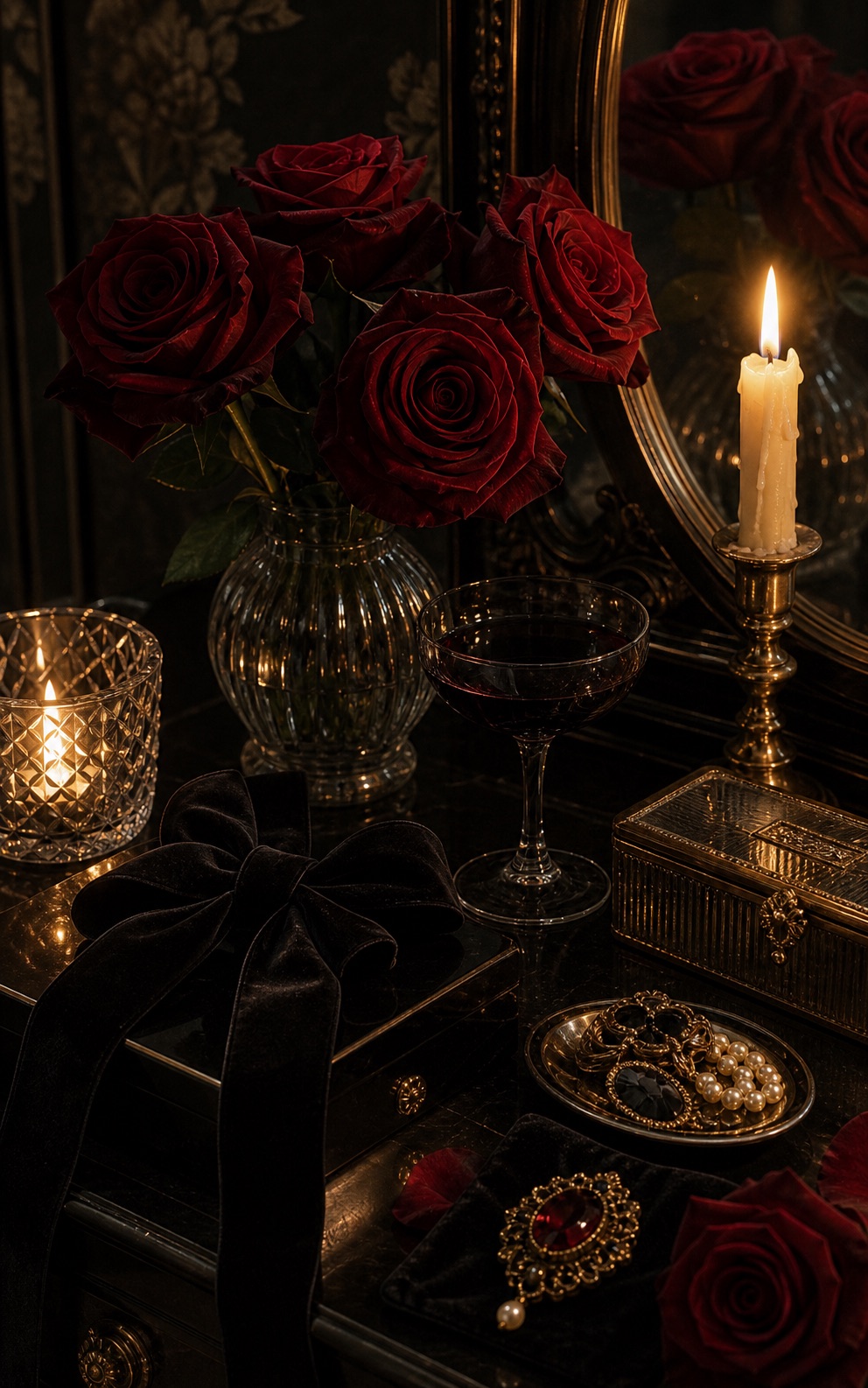 Dark vanity with roses and mirror