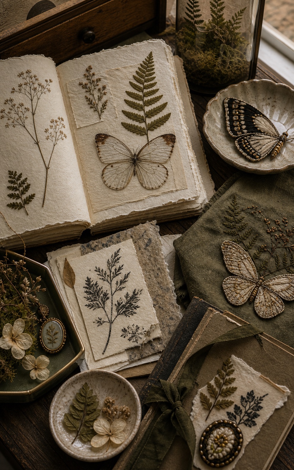 Botanical and butterfly motif on paper